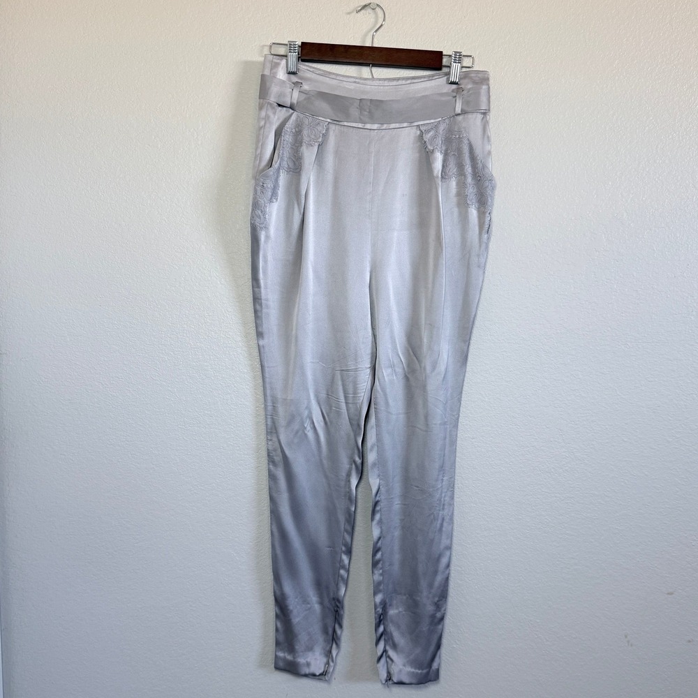 Thomas‎ Wylde Silver 100% Silk Satin Lace Trim Tapered Trousers  Women Small